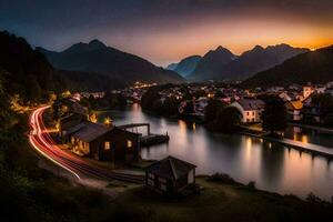 uma rio e Cidade às crepúsculo dentro a montanhas. gerado por IA foto