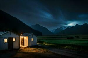 uma pequeno cabine dentro a meio do uma campo às noite. gerado por IA foto