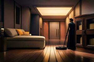 uma mulher é varrendo a chão dentro uma sala. gerado por IA foto