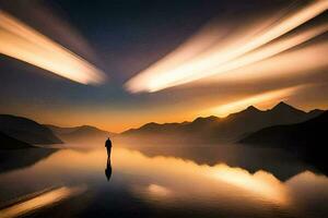 uma homem em pé em uma lago às pôr do sol com uma grandes trilha do claro. gerado por IA foto