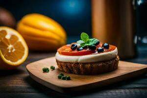 uma pequeno bolo com queijo e fruta em uma de madeira borda. gerado por IA foto