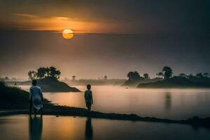 a Sol sobe sobre a rio. gerado por IA foto