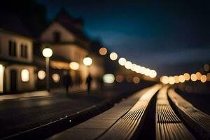 uma trem rastrear às noite com luzes em a faixas. gerado por IA foto