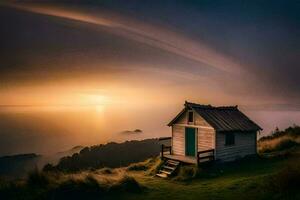 uma pequeno cabana senta em topo do uma Colina negligenciar a oceano. gerado por IA foto