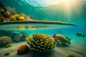 uma peixe nada dentro a oceano com coral e peixe. gerado por IA foto