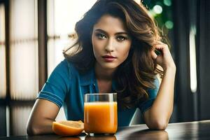 uma mulher sentado às uma mesa com a laranja suco. gerado por IA foto