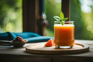 uma vidro do laranja suco em uma de madeira mesa. gerado por IA foto