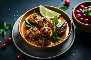 uma tigela do Comida com carne e legumes. gerado por IA foto