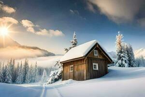 uma cabine dentro a neve. gerado por IA foto