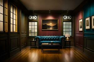 uma quarto com uma azul sofá e de madeira andares. gerado por IA foto