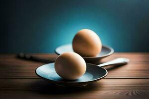 dois ovos em uma prato com colheres. gerado por IA foto