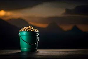 uma balde do amendoim em uma mesa com montanhas dentro a fundo. gerado por IA foto