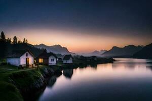 uma lago e alguns casas dentro a montanhas às pôr do sol. gerado por IA foto