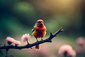uma pequeno pássaro é sentado em uma ramo com Rosa flores gerado por IA foto