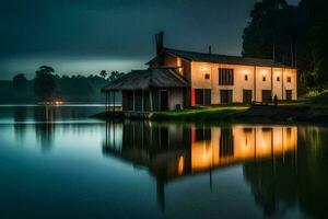 uma casa em a lago às noite. gerado por IA foto
