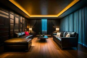 uma vivo quarto com couro mobília e uma de madeira chão. gerado por IA foto