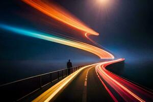 uma homem em pé em uma ponte às noite com luz trilhas. gerado por IA foto