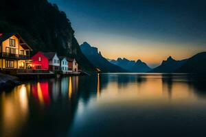 a casas estão aceso acima às crepúsculo em a costa do uma lago. gerado por IA foto