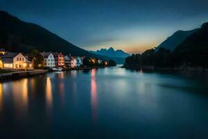 uma rio dentro a montanhas às noite com casas em a costa. gerado por IA foto