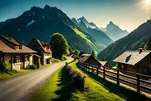 uma estrada dentro a montanhas com casas e montanhas dentro a fundo. gerado por IA foto