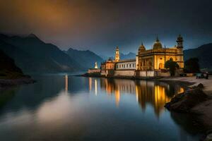 a mesquita é aceso acima às noite dentro a montanhas. gerado por IA foto