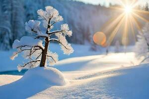 uma árvore coberto dentro neve é mostrando dentro a Sol. gerado por IA foto