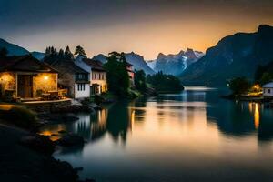 uma lago e casas dentro a montanhas às pôr do sol. gerado por IA foto