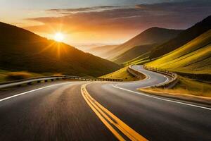 uma enrolamento estrada com a Sol configuração dentro a distância. gerado por IA foto