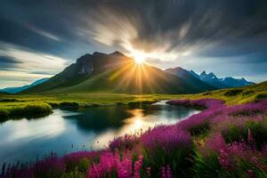 a Sol sobe sobre a montanhas e roxa flores gerado por IA foto