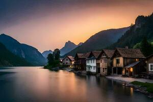 foto papel de parede a céu, montanhas, água, casas, a montanhas, a lago, a montanhas. gerado por IA