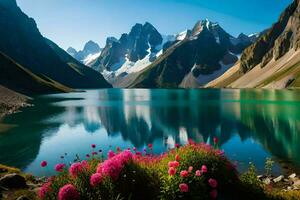 a montanhas estão refletido dentro a água e flores estão crescendo dentro a primeiro plano. gerado por IA foto