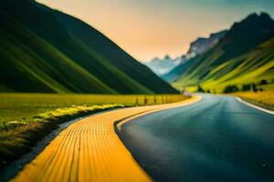 uma estrada dentro a montanhas com uma amarelo linha. gerado por IA foto