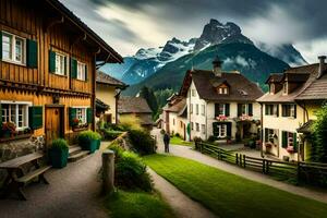 uma Vila dentro a Alpes com montanhas dentro a fundo. gerado por IA foto