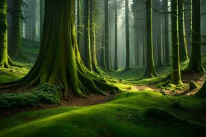 uma verde floresta com árvores e musgo. gerado por IA foto