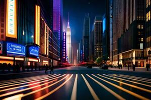 uma cidade rua às noite com luzes em a estrada. gerado por IA foto