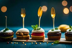 uma linha do mini sobremesas com garfos em topo. gerado por IA foto