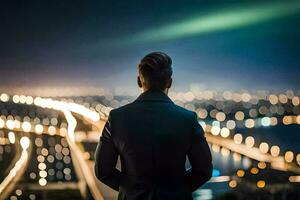 uma homem dentro uma terno parece Fora sobre a cidade às noite. gerado por IA foto