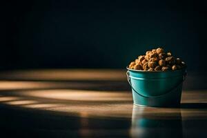 uma balde do amendoim sentado em uma mesa. gerado por IA foto