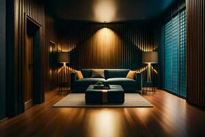 uma vivo quarto com Sombrio madeira paredes e uma sofá. gerado por IA foto