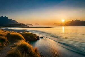 a Sol sobe sobre a montanhas e a de praia. gerado por IA foto