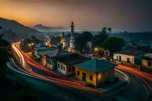 uma Cidade às crepúsculo com luz trilhas do carros. gerado por IA foto