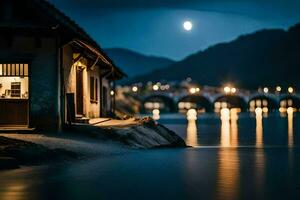 foto papel de parede a lua, ponte, casa, lago, noite, rio, ponte, casa,. gerado por IA