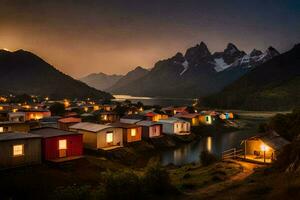 uma pequeno Cidade com casas e montanhas às noite. gerado por IA foto