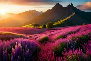 a Sol sobe sobre lavanda Campos dentro a montanhas. gerado por IA foto