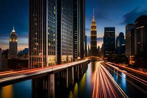 uma cidade Horizonte às noite com luzes em a edifícios. gerado por IA foto