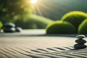 uma zen jardim com pedras e grama. gerado por IA foto