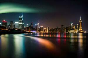 a cidade luzes estão refletido dentro a água. gerado por IA foto