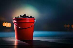 uma vermelho balde preenchidas com Amora silvestre em uma mesa. gerado por IA foto