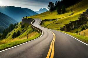 uma enrolamento estrada dentro a montanhas com Relva e árvores gerado por IA foto