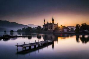 foto papel de parede lago, a céu, a sol, a lago, a igreja, a igreja,. gerado por IA